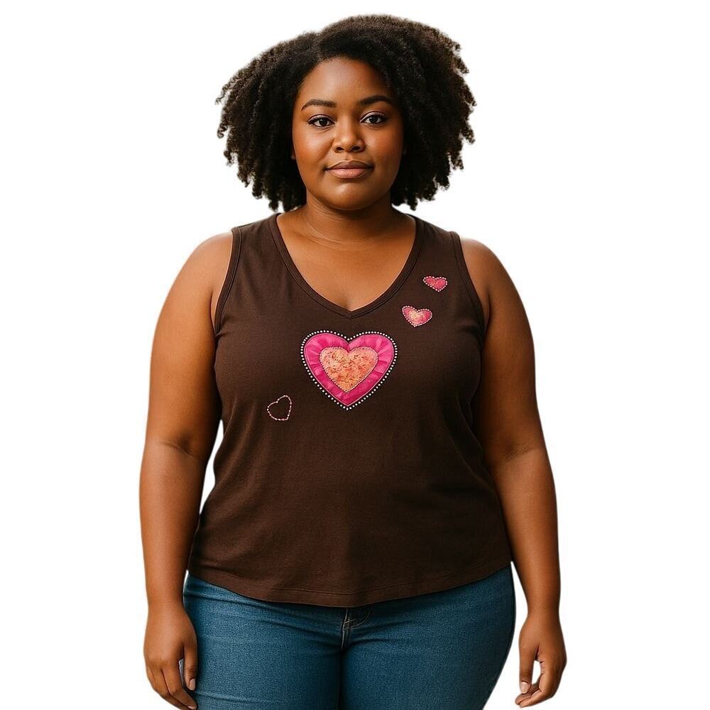 Bogari Y2K Silk blend beaded women's tank brown Hearts Size XXL whimsy feminine